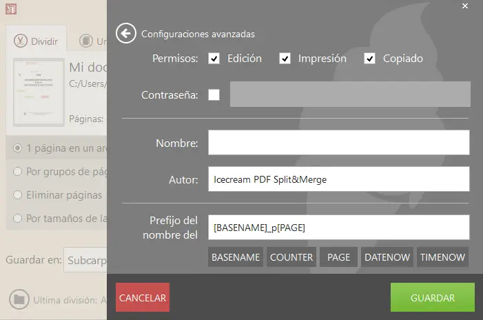 Icecream PDF Split and Merge - configuraciones avanzadas para dividir PDF